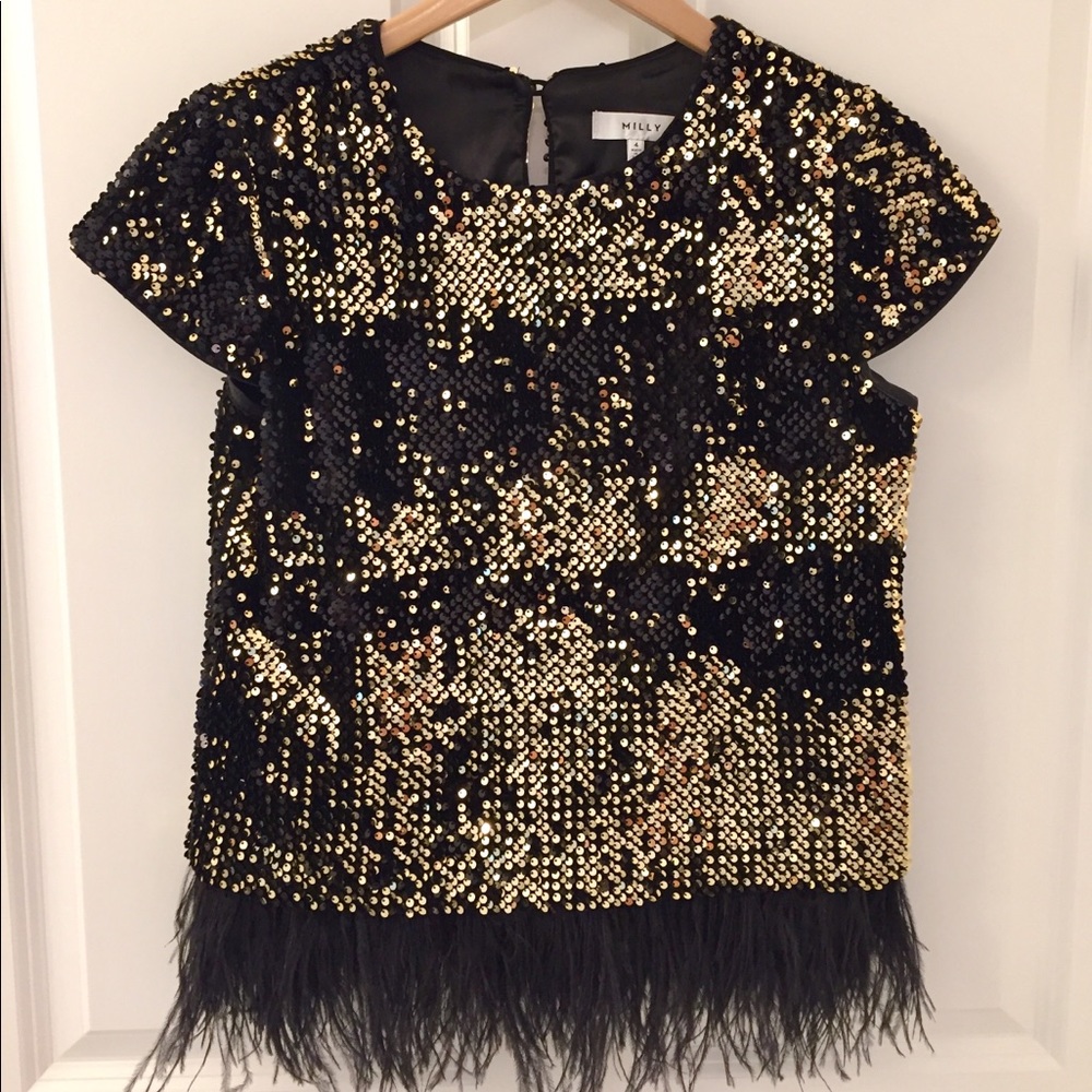 Milly sequin & ostrich feather top